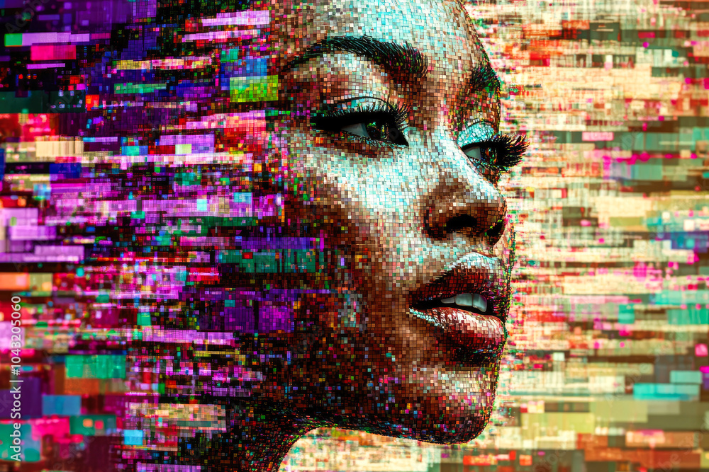 Poster a stunning digital artwork of a woman's profile, merging with dynamic and colorful pixels for a uniq