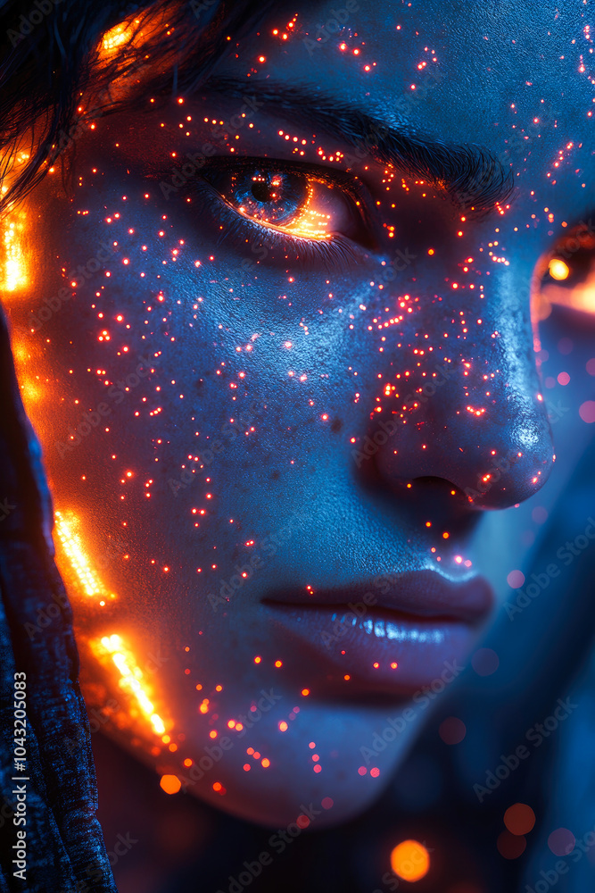 Poster a striking cybernetic face with luminescent dots mapping its features, creating a sense of mystery a