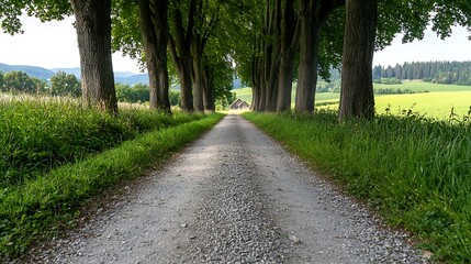 Obraz premium A country road lined with tall trees leading to a distant farmhouse