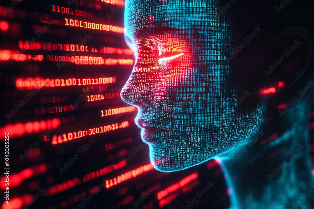 Poster a digital face emerges with bright red binary code flowing above to signify technology and artificia
