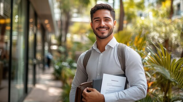 A cheerful Latino candidate stands outdoors, holding a portfolio and notebook, ready for a hiring interview in a lively urban environment filled with greenery