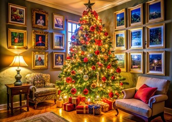 Obraz premium Christmas Tree Decoration with Family Photos for Holiday Cheer
