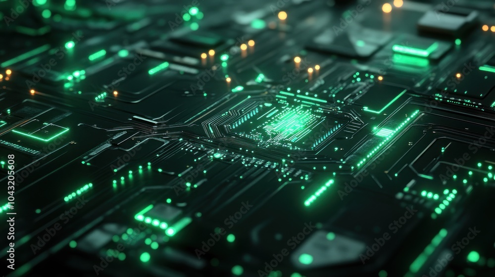 Poster abstract circuit board design in metallic green and silver with illuminated pathways on a black back