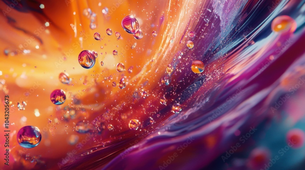 Poster colorful abstraction of swirling liquid with vibrant droplets highlighted under soft light in a mesm