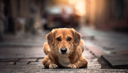 Perro abandonado tumbado en una calle