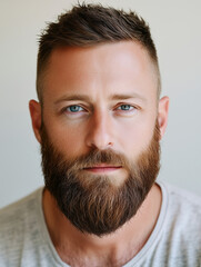 Fototapeta premium A portrait of a man with a well-groomed, thick beard, sharp jawline, modern hairstyle