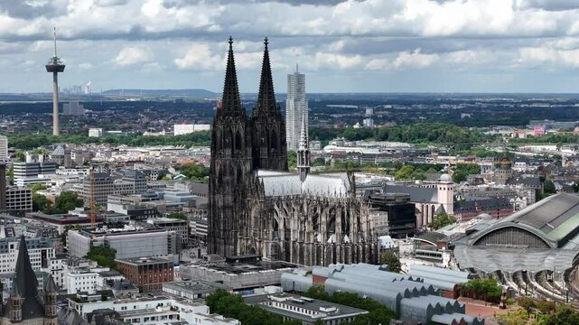 Aerial footage of Cologne Cathedral (Kolner Dom) in Cologne city (Koln), Germany