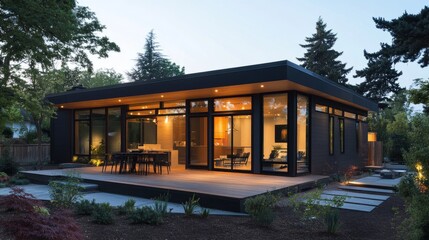 Fototapeta premium Dusk settles over a stylish prefabricated house, with subtle outdoor lighting framing the structure.