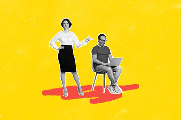 Composite trend artwork sketch image collage of silhouette monochrome team young lady boss gesture...