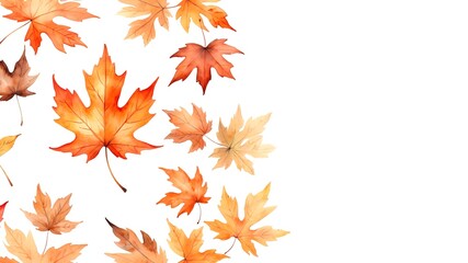 Autumnal Tapestry: A vibrant watercolor pattern featuring maple leaves in various shades of orange, red, and yellow. Watercolor Illustration. Drawing. Art. Autumn. Background. Copy Space. 2