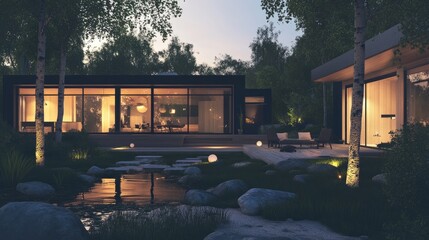 Obraz premium Dusk settles over a stylish prefabricated house, with subtle outdoor lighting framing the structure.