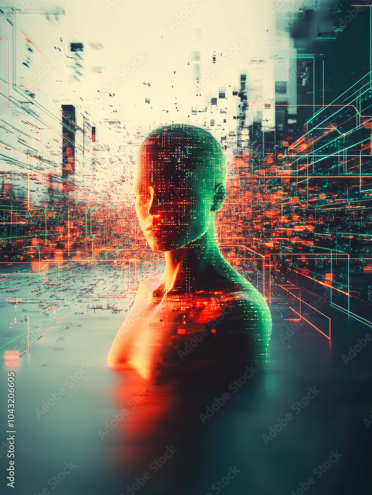 Poster a figure immersed in a data-infused cybernetic grid, symbolizing the intersection of technology and 