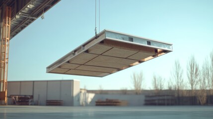 Obraz premium Dynamic shot of a prefabricated roof panel mid-air, moments before installation.