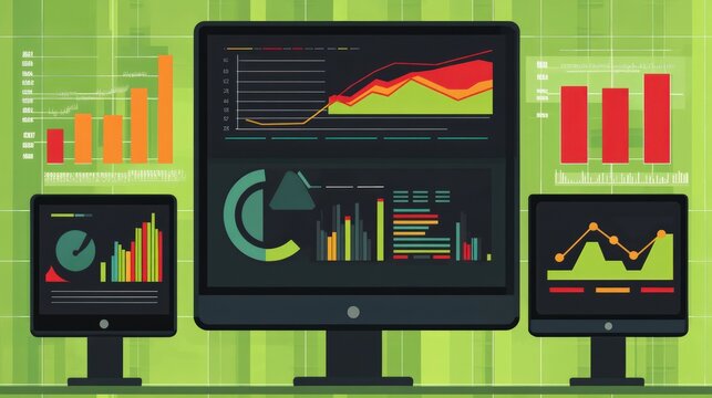 Multiple computer monitors displaying various data charts and graphs with a green grid background.