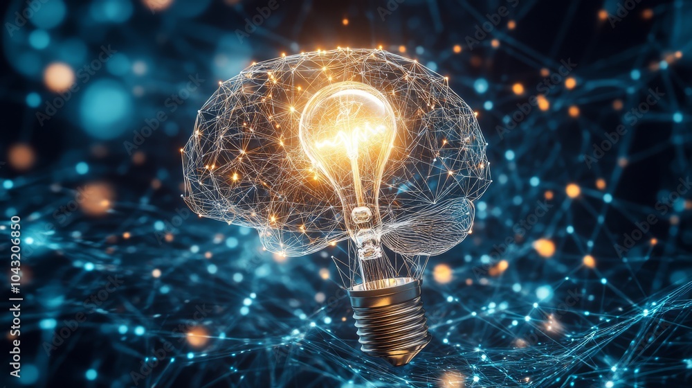 Poster abstract glowing brain with neural connections forming a lightbulb, symbolizing a flash of genius an