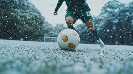 Dynamic Soccer Player in Snowy Conditions