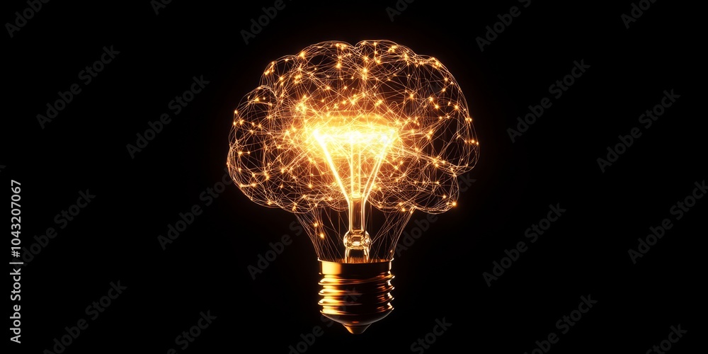 Poster abstract glowing brain with neural connections forming a lightbulb, symbolizing a flash of genius an