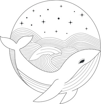 Linear illustration of a whale in a circle with waves and stars. Emblem, logo, tattoo