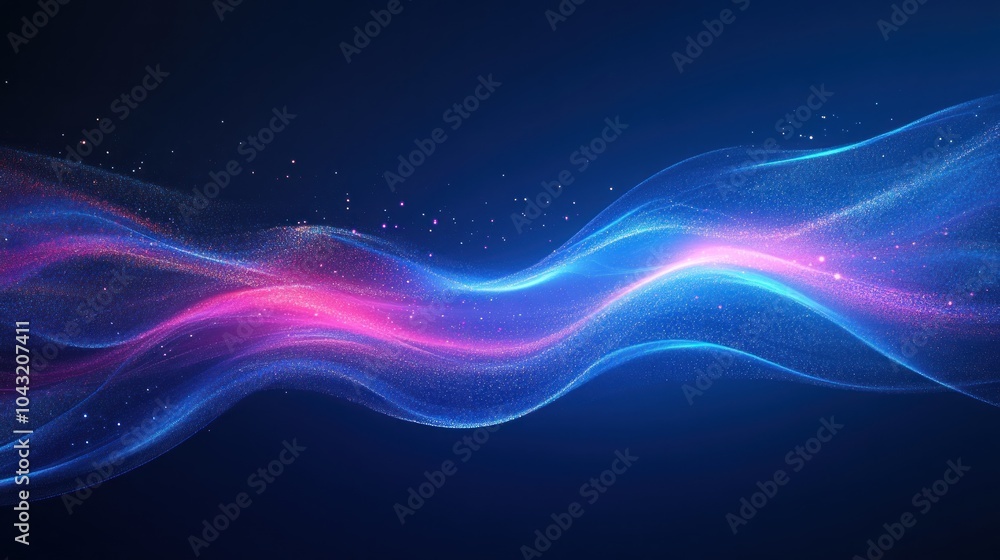 Wall mural midnight blue background with abstract digital lines glowing softly in neon blue and purple