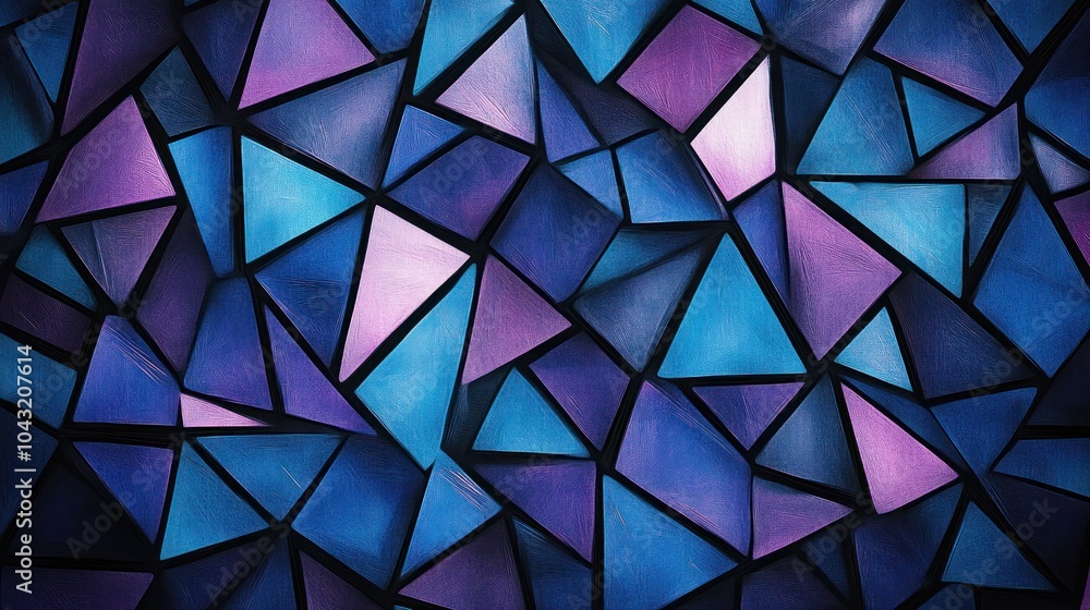 Poster repeating pattern of interlocking triangles in vibrant shades of blue and purple with sharp edges