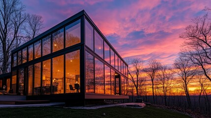 Obraz premium Large glass windows of a prefab home reflecting the colorful sky at dusk.