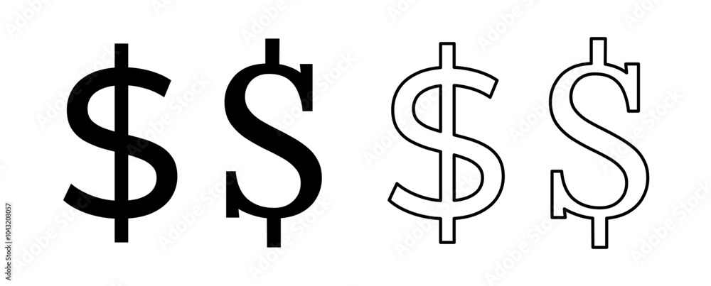 Poster set of dollar symbols in various styles - black vector money symbols isolated on transparent backgro