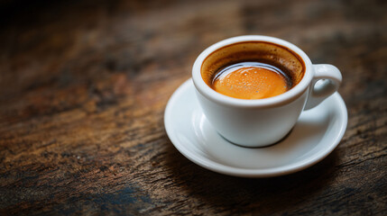 Closeup of Espresso in White Cup on Rustic Wooden Table