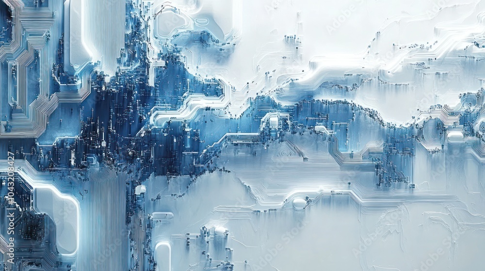 Poster blue and white abstract circuits forming intricate patterns across a metallic background