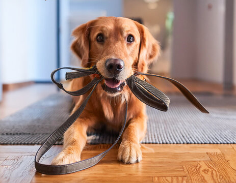 Un perro tumbado en el suelo con la correa en la boca listo para salir a pasear, para marcas de alimentaci&oacute;n de mascotas, accesorios o seguros