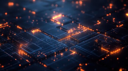 Obraz premium Dark navy background with glowing grid lines and abstract 3D shapes suggesting data and technology