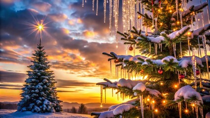 Christmas Tree Silhouette with Icicles - Winter Wonderland Scene for Holiday Decor