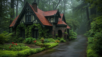 Obraz premium A Charming Cottage Surrounded by Lush Greenery in a Misty Forest During Early Morning Hours