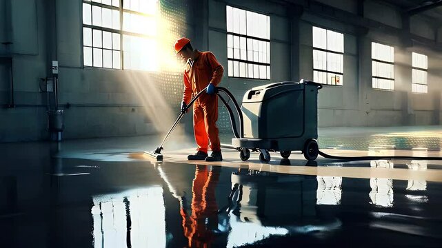 A man in an orange jumpsuit cleans a large warehouse floor with a powerful floor scrubber, with natural light shining in from the windows.