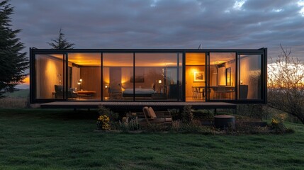 Fototapeta premium Modular prefabricated home at dusk, with reflections of the setting sun on its glass facade.