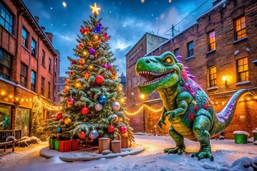 Fototapeta premium Christmas Tree T-Rex in Urban Jungle: A Whimsical Holiday Scene