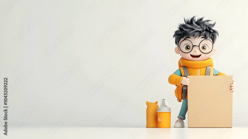 Poster charming 3d rendered cartoon personage gripping an unbranded cardboard container in a playful and im