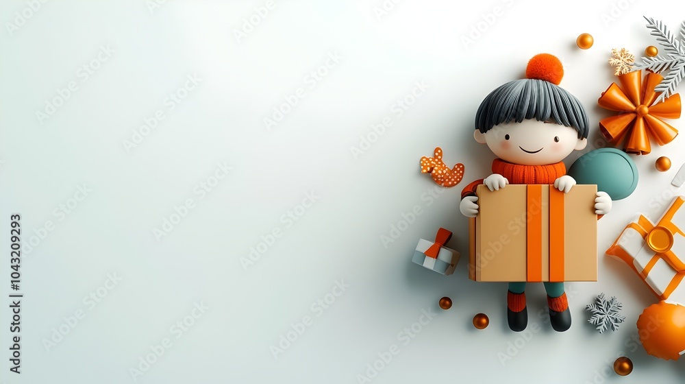 Poster lighthearted 3d animated figure with joyful expression embraces a simple cardboard box immersed in a