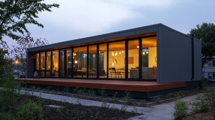 Naklejka premium Prefab house exterior lit warmly at dusk, with cozy interiors visible through floor-to-ceiling windows.