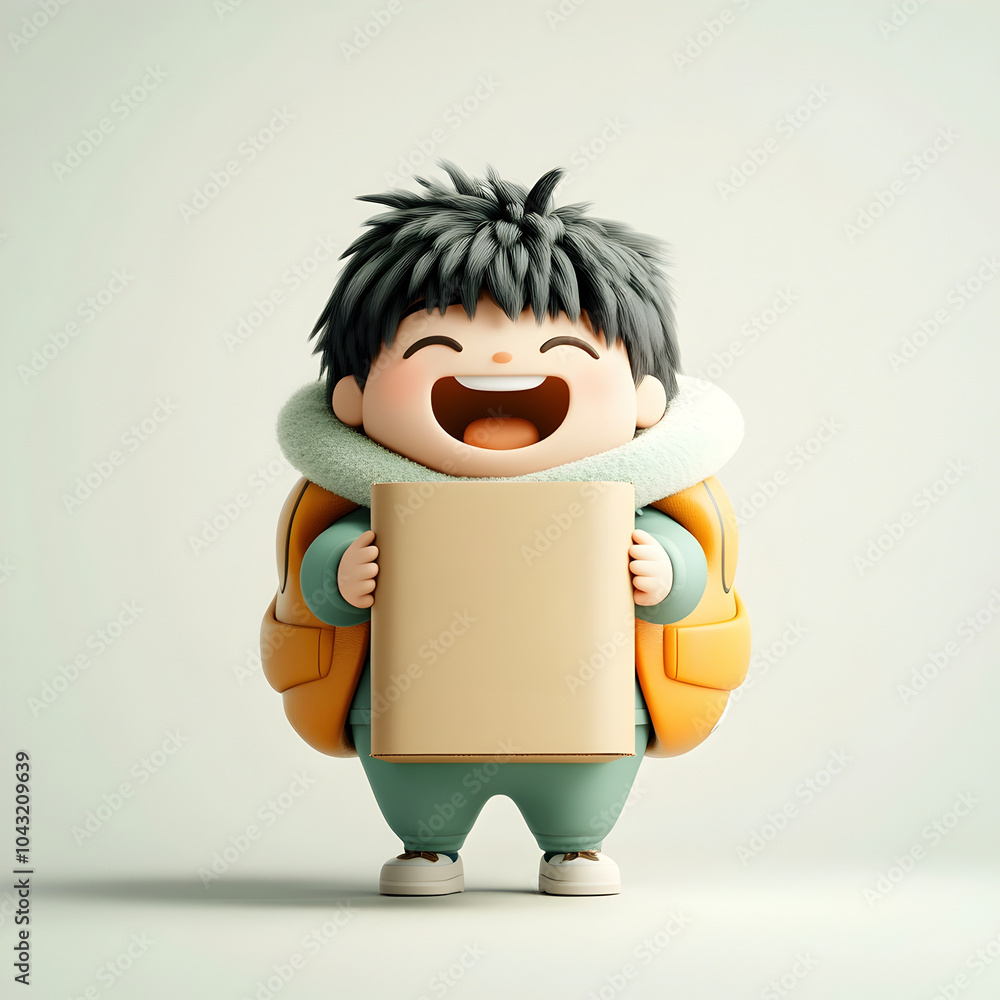 Poster adorable animated figure clutching a simple cardboard container with no logo featuring a whimsical a