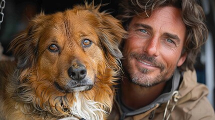 A man enjoys a joyful moment with his golden dog during an outdoor adventure in nature's embrace. Generative AI