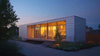 Prefabricated home at dusk with soft outdoor lighting highlighting clean architectural lines.