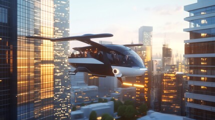 Fototapeta premium An electric, autonomous flying taxi hovering above a modern cityscape.