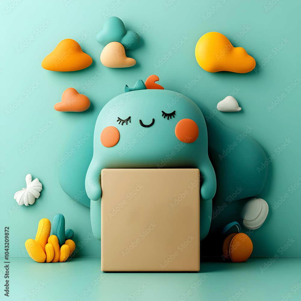Poster whimsical and playful 3d rendered cartoon character embracing a simple yet charming cardboard box se
