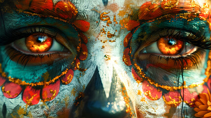 Eyes of sugar skulls, creating intricate, abstract designs within them, using a minimalist approach to highlight the details