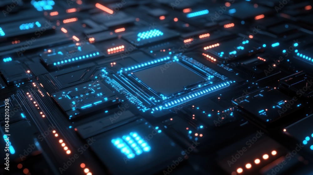 Poster digital-inspired circuit board design with sharp, clean lines and glowing blue nodes on a black surf