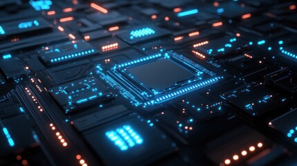 Obraz premium Digital-inspired circuit board design with sharp, clean lines and glowing blue nodes on a black surface