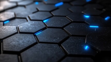 Futuristic hexagonal patterns in sleek shades of grey and black with a glowing blue accent