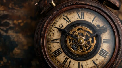 Fototapeta premium Vintage Clock Face: A close-up view of an antique alarm clock with visible gears, showcasing the intricate mechanics and timeless beauty of a bygone era. A symbol of time's relentless march.