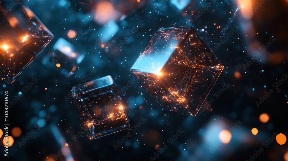 Poster holographic geometric shapes floating in a black void with subtle reflections and glowing edges