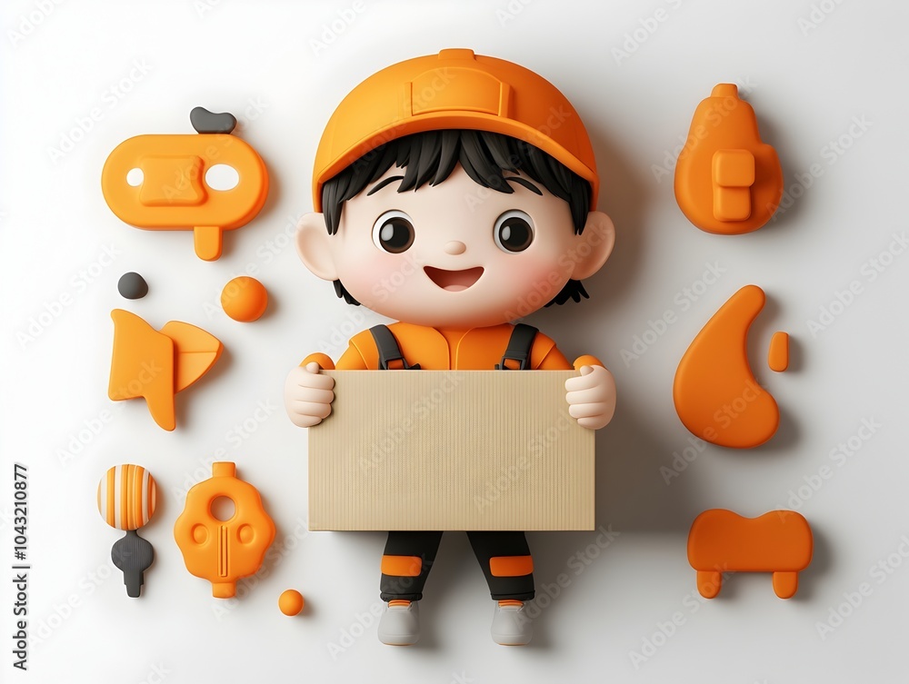 Aufkleber delightful 3d rendered animated character holding a simple cardboard box with friendly and endearing
